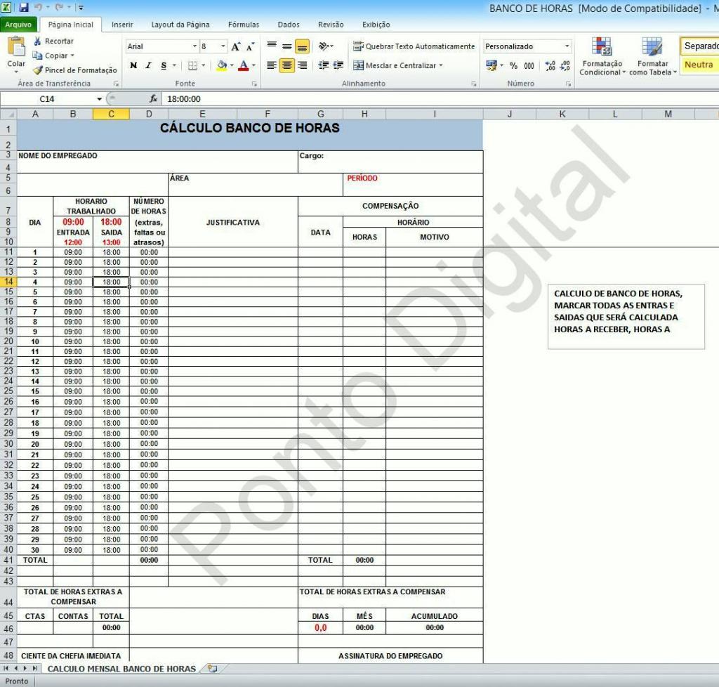 Planilha De Cálculo Banco De Horas Para Empresas - Ponto Digital Sistemas